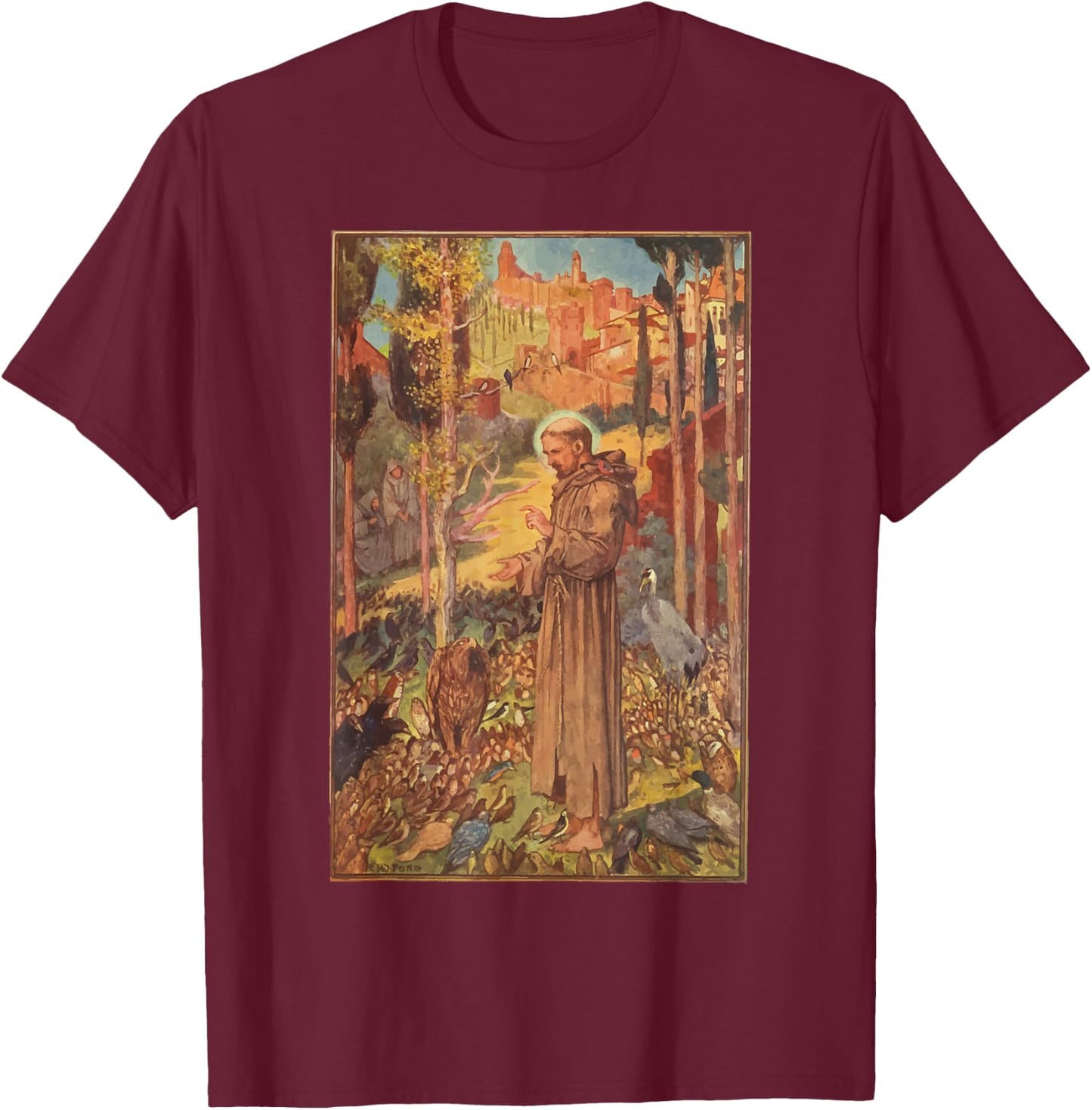 St Francis of Assisi Art Patron Saint of Animals Catholic T-Shirt - T-Shirt | Maroon
