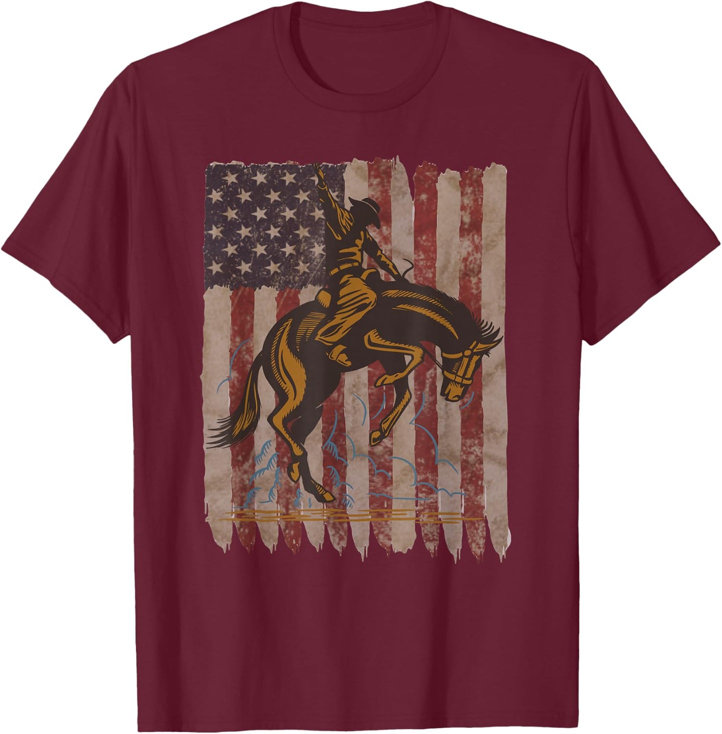 Patriotic Rodeo Bronc Rider American Flag Cowboys Riding T-Shirt - T-Shirt | Maroon