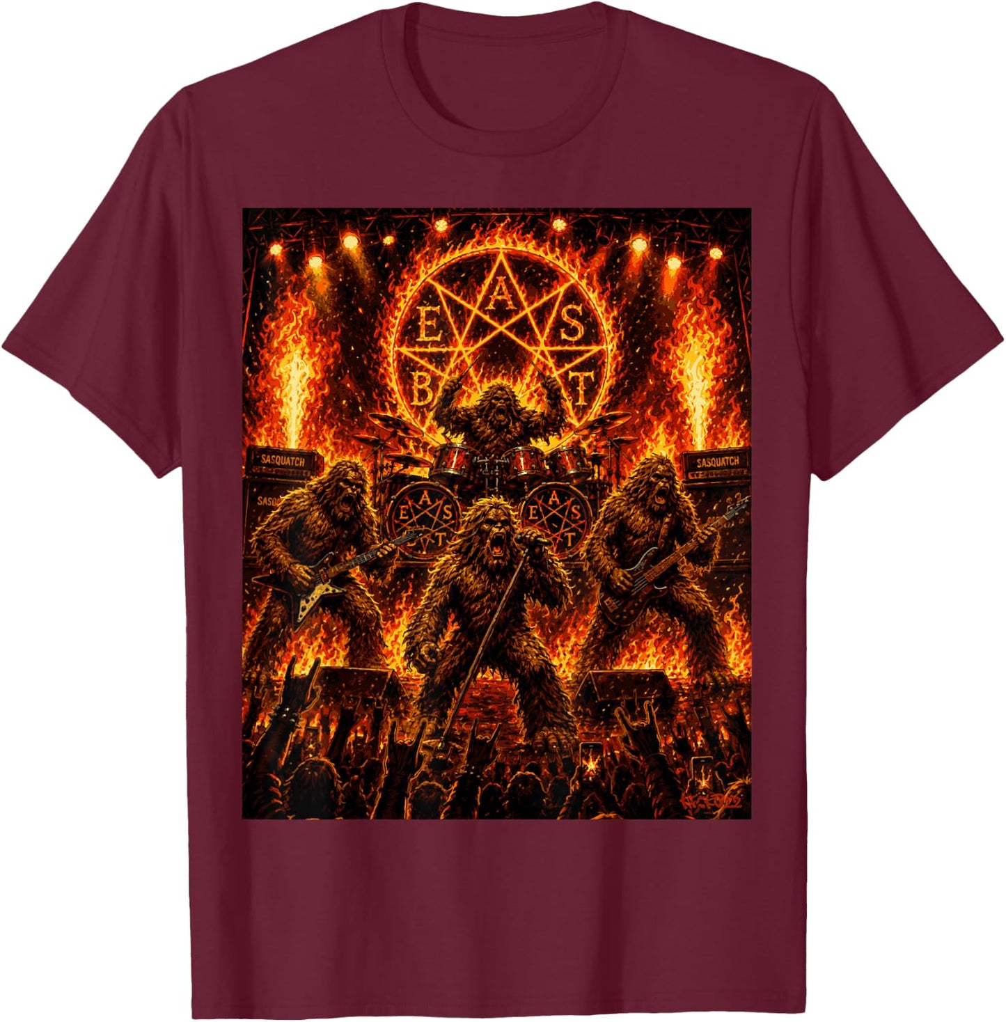 Bigfoot Heavy Metalband Beast - Sasquatch Rock Concert Comic T-Shirt - T-Shirt | Maroon
