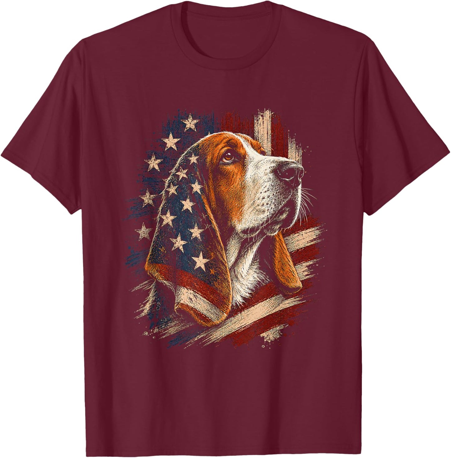 American Flag Basset Hound Artwork Design T-Shirt - T-Shirt | Maroon