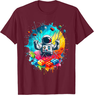 Space Astronaut Master Builder Funny Building Blocks Bricks T-Shirt - T-Shirt | Maroon