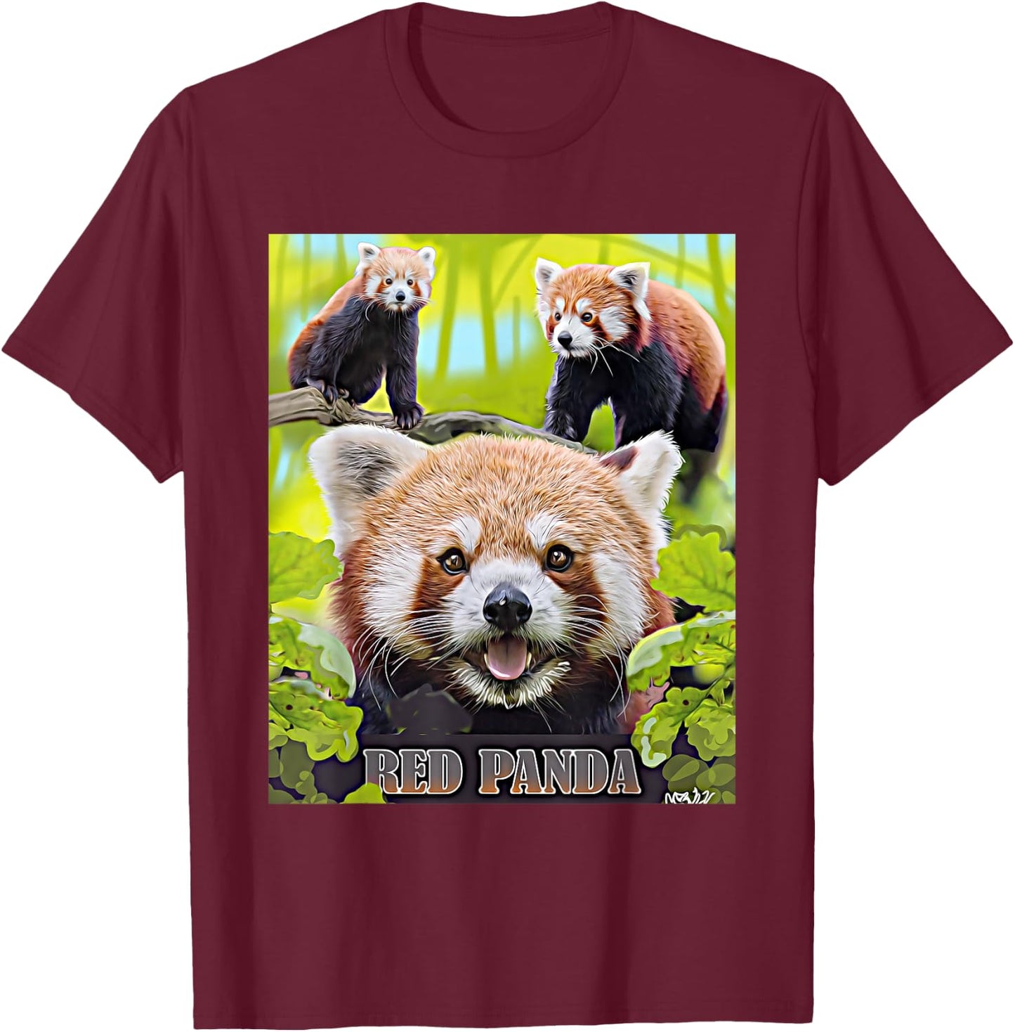 Cute Red Panda In The Wild Montage Illustrated T-Shirt - T-Shirt | Maroon