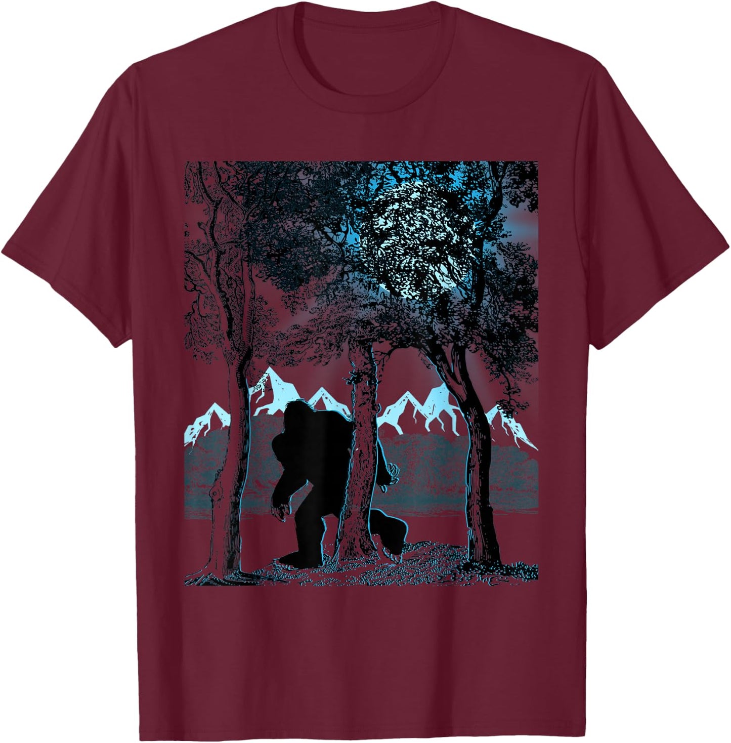 Bigfoot in the Forest Hiding Under the Moon T-Shirt - T-Shirt | Maroon