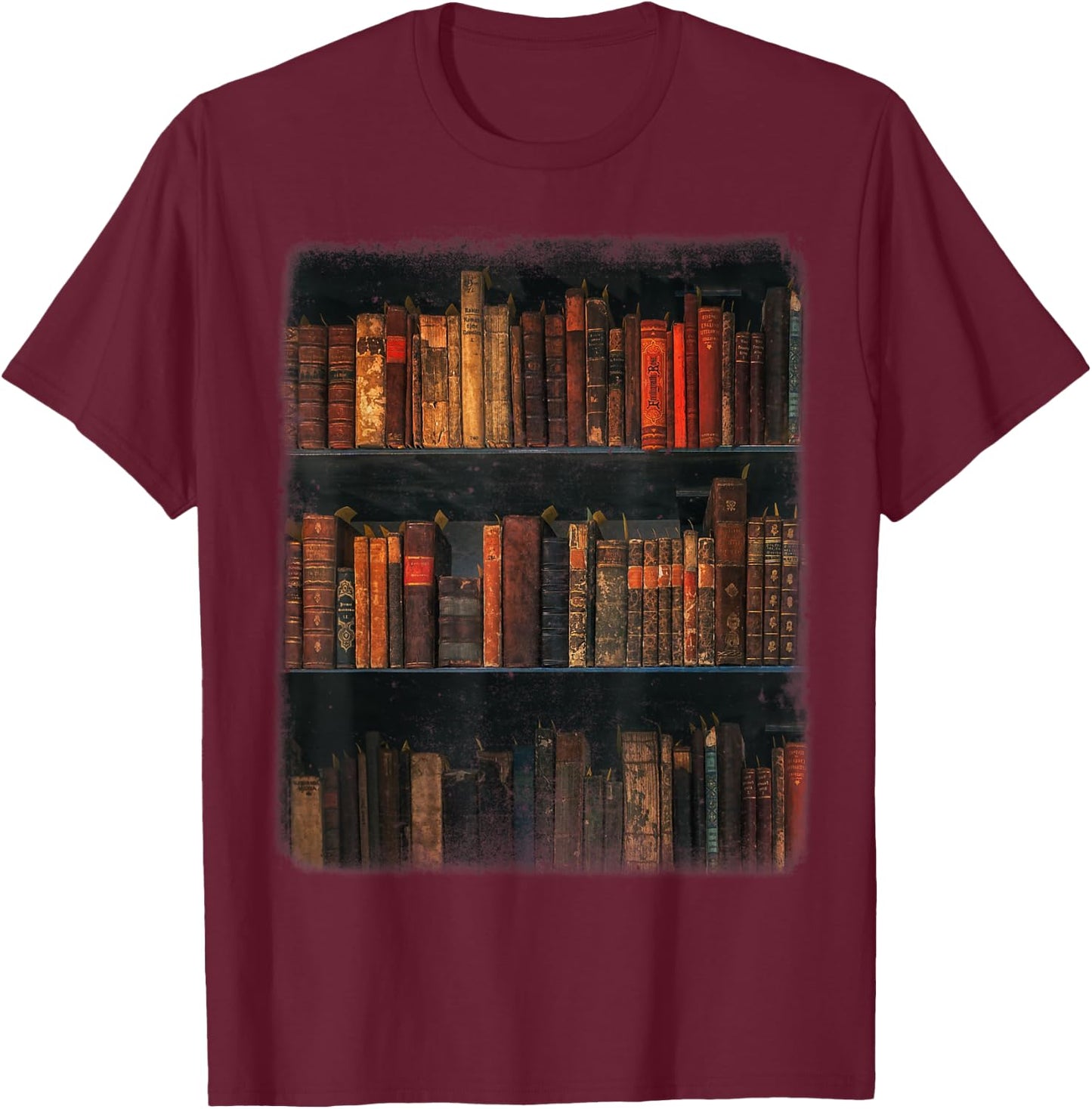 Old Books on Vintage Bookshelves Dark Academia Aesthetic T-Shirt - T-Shirt | Maroon