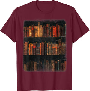 Old Books on Vintage Bookshelves Dark Academia Aesthetic T-Shirt - T-Shirt | Maroon