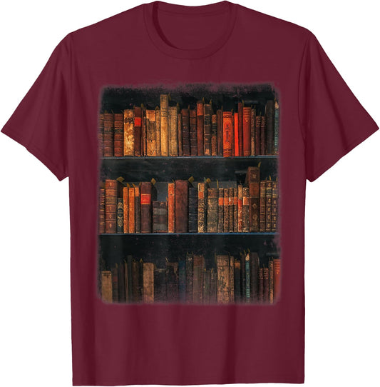 Old Books on Vintage Bookshelves Dark Academia Aesthetic T-Shirt - T-Shirt | Maroon