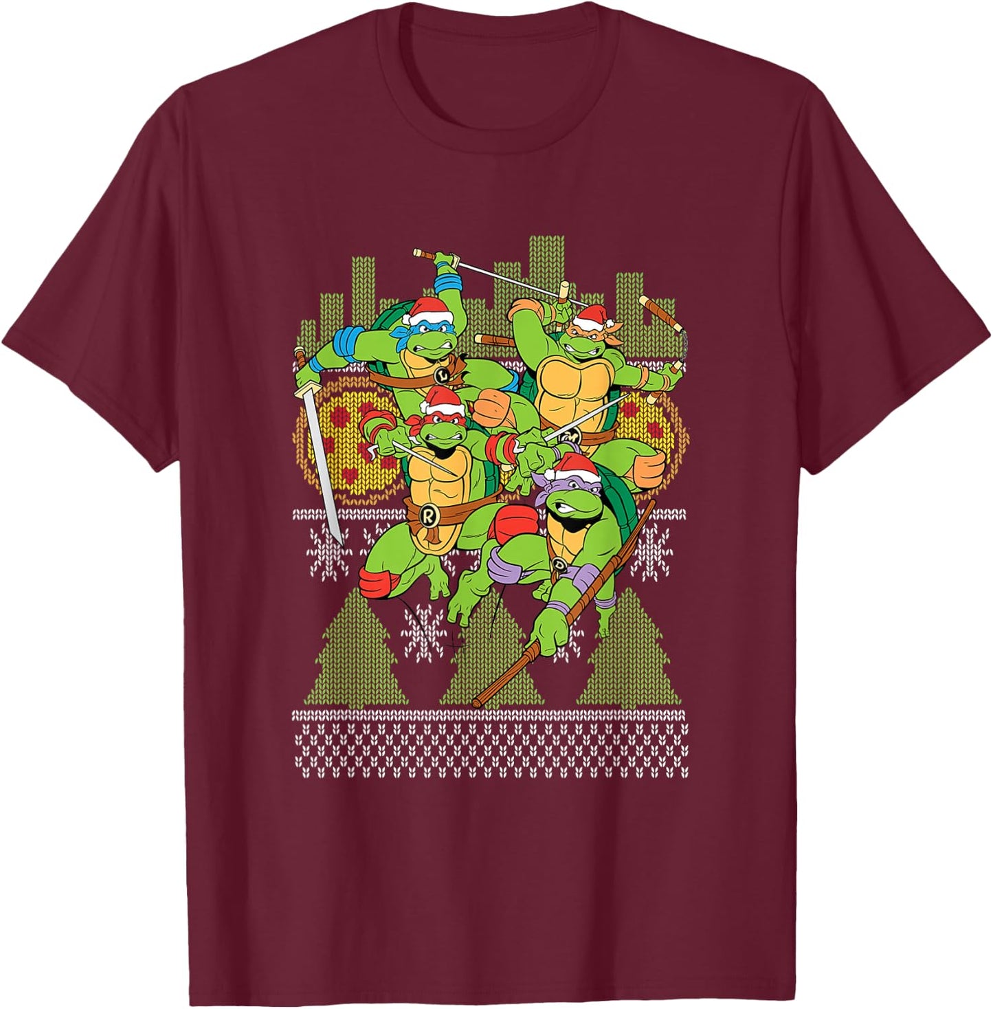 TMNT Ugly Christmas Sweater All Characters T-Shirt - T-Shirt | Maroon