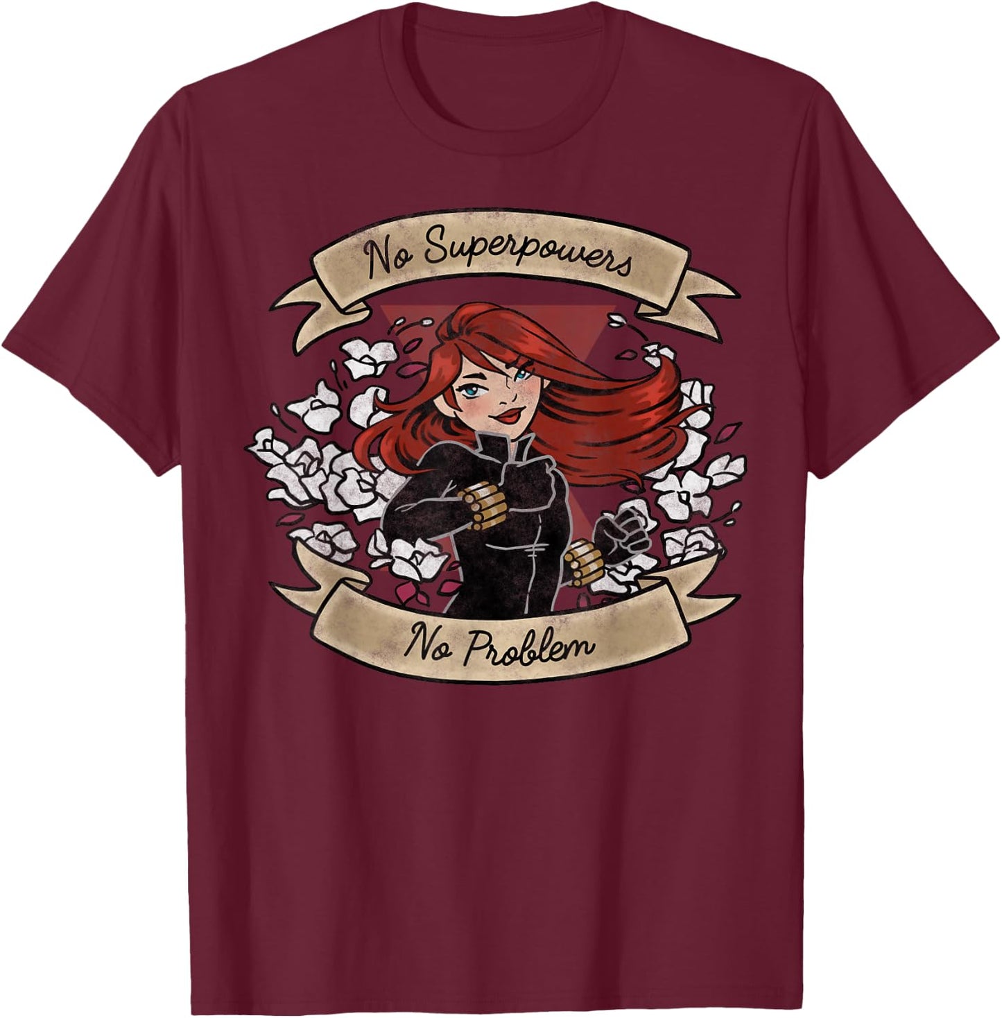Marvel Black Widow No Superpowers No Problem Portrait T-Shirt - T-Shirt | Maroon
