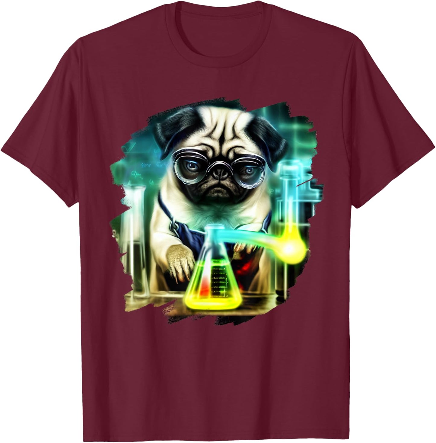 Pug Mad Scientist Dog Mixing Chemicals Chemistry Science T-Shirt - T-Shirt | Maroon