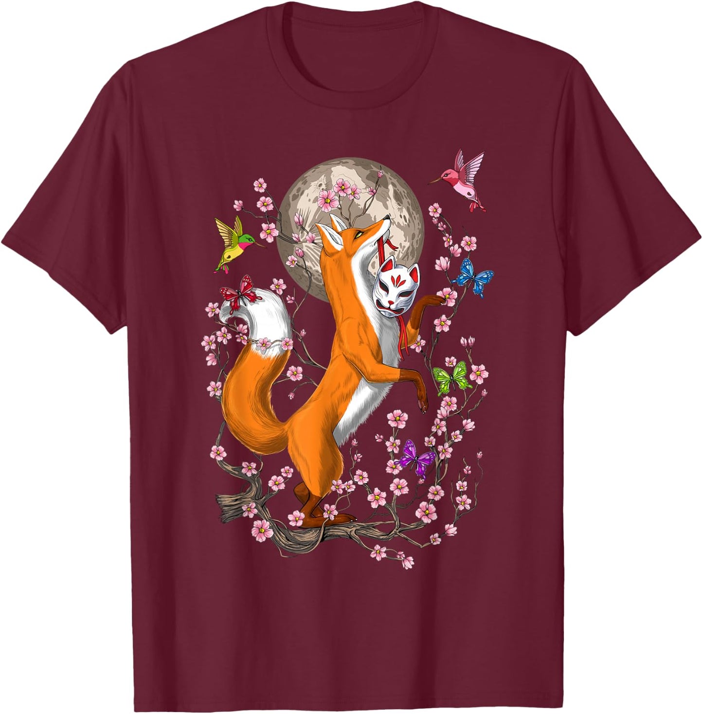 Japanese Fox Kitsune Nine Tailed Fox Cherry Blossom Small T-Shirt - T-Shirt | Maroon