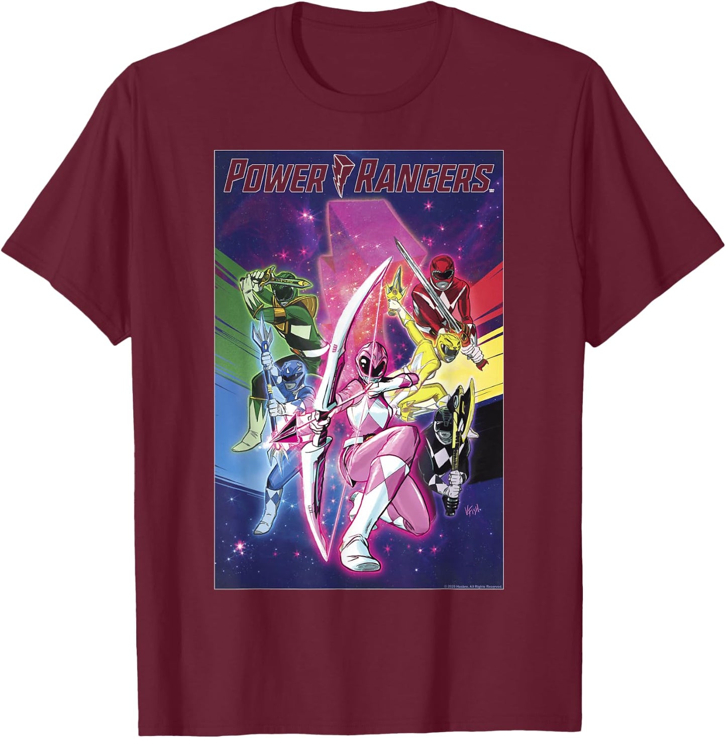Power Rangers Rainbow Color Action Group Shot Poster T-Shirt - T-Shirt | Maroon