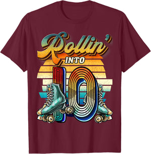 Rollin' into 10 Roller Skating Rink 10th Birthday Party Girl T-Shirt - T-Shirt | Maroon