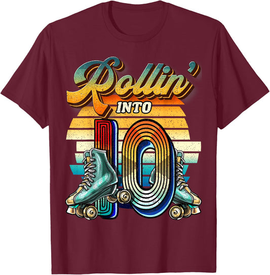 Rollin' into 10 Roller Skating Rink 10th Birthday Party Girl T-Shirt - T-Shirt | Maroon