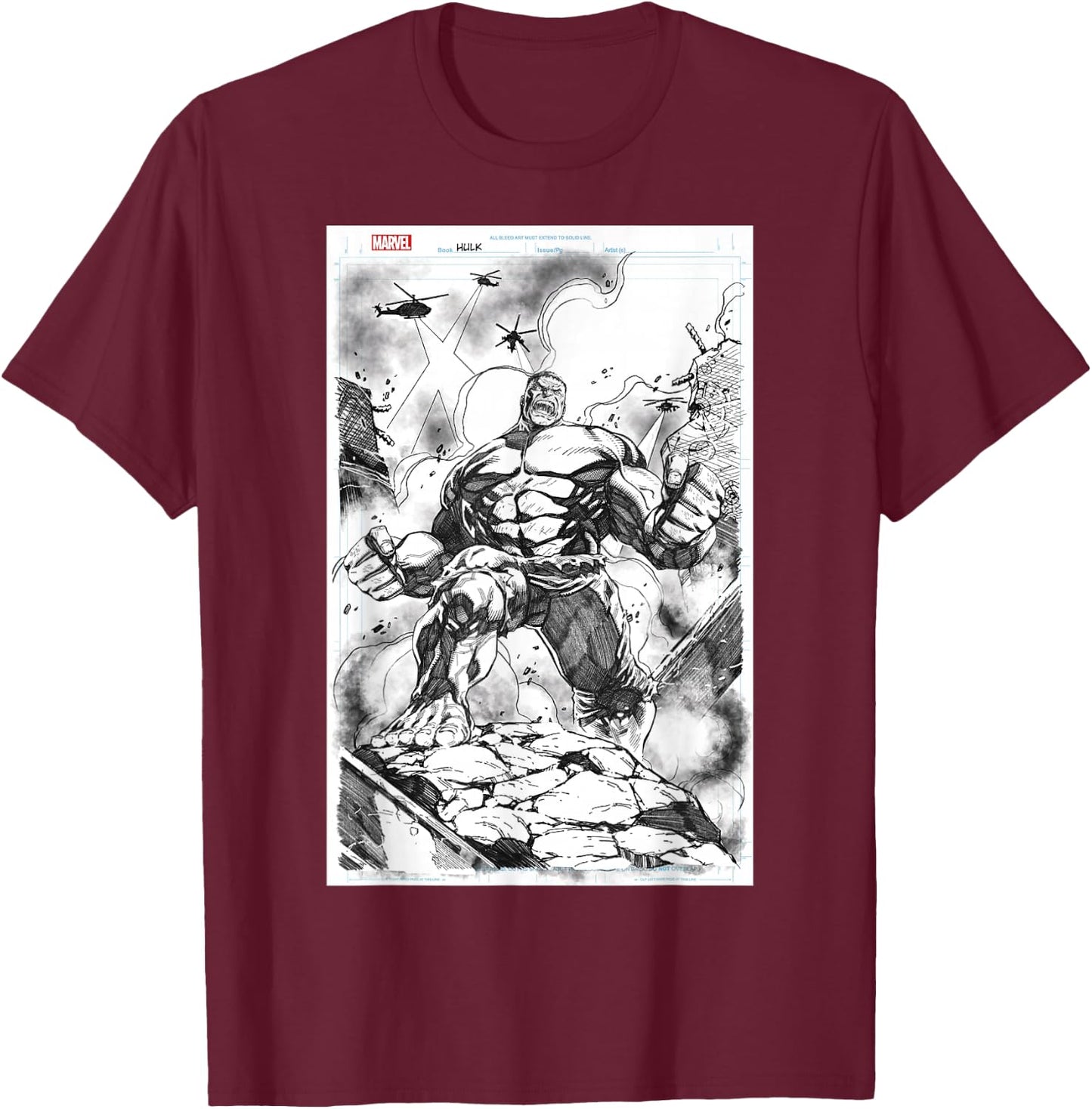 Marvel Hulk Comic Cover Sketch T-Shirt - T-Shirt | Maroon