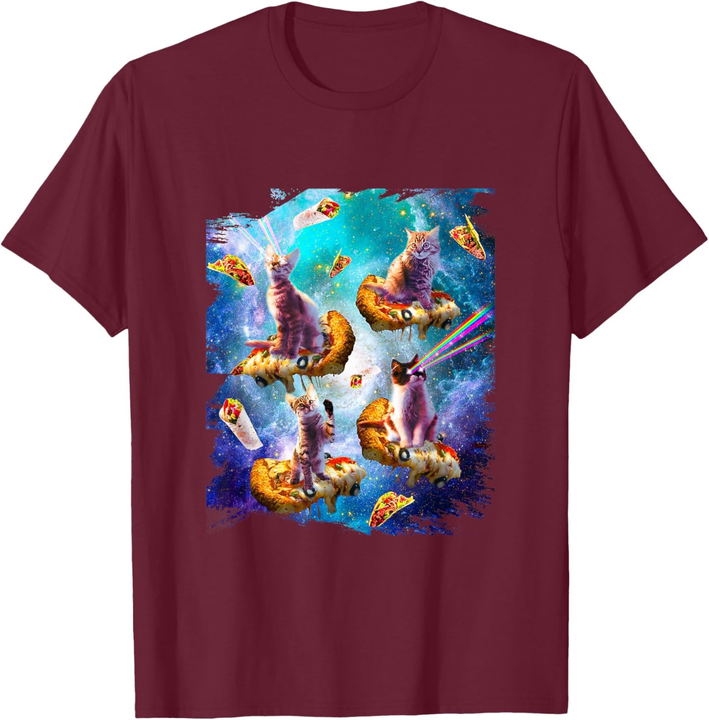 Space cats with rainbow laser eyes riding pizza T-Shirt - T-Shirt | Maroon