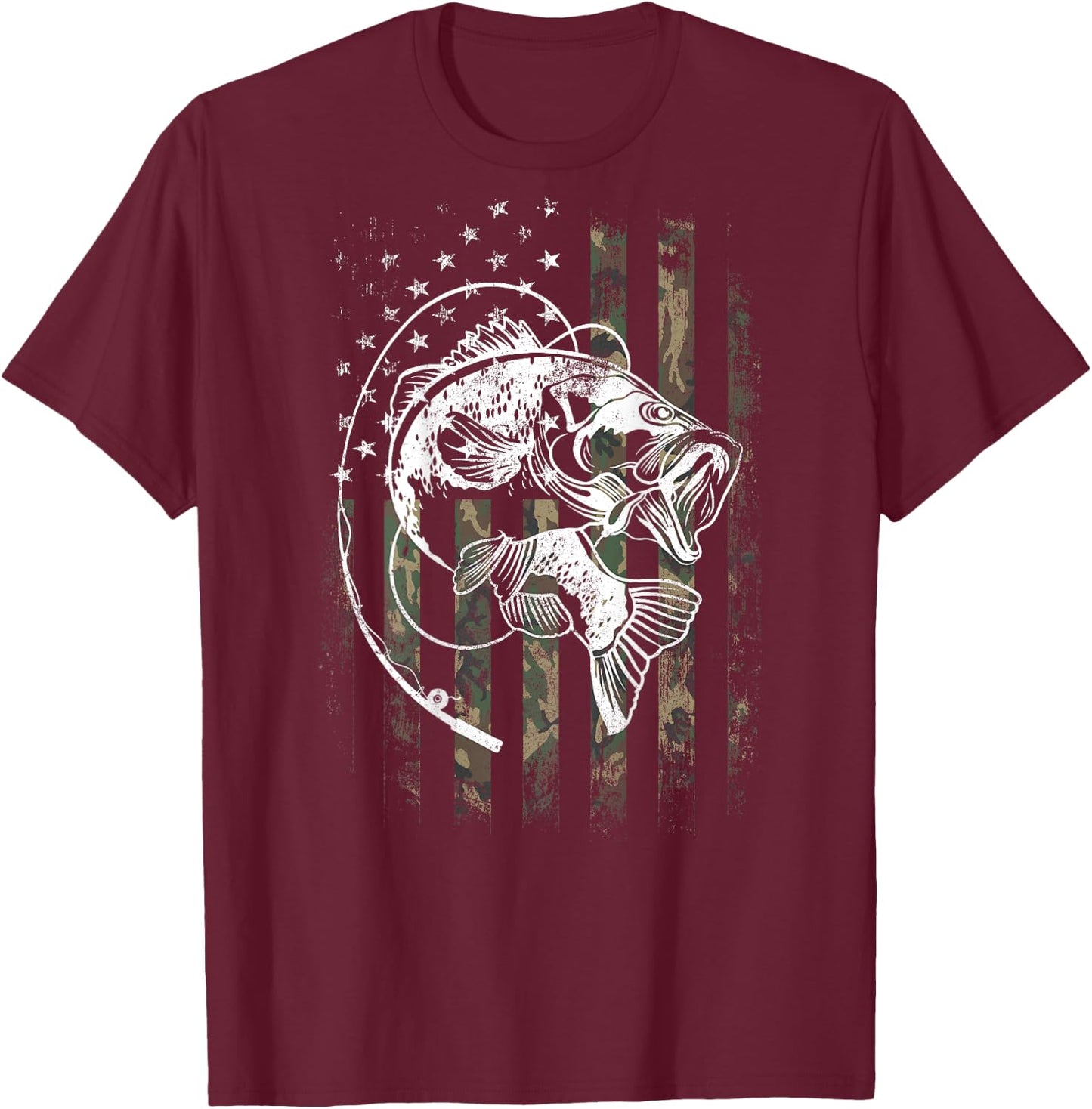 Bass Fish Fishing Camouflage Flag Funny Fisherman (on back) T-Shirt - T-Shirt | Maroon