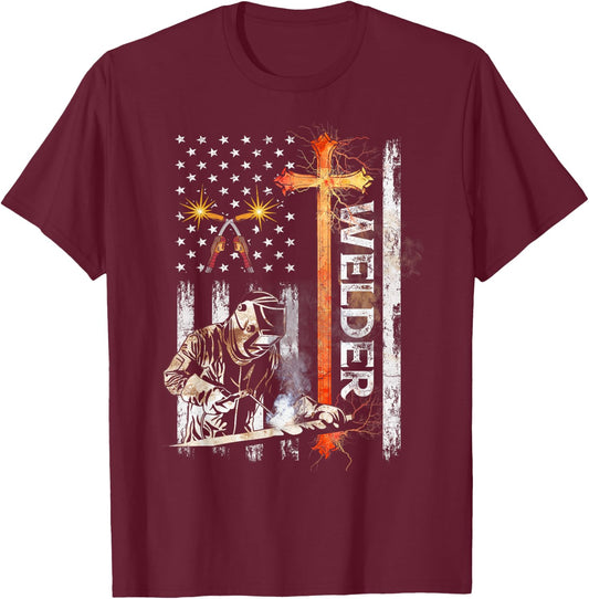 Welder American Flag Welding Faith Cross Christian T-Shirt - T-Shirt | Maroon