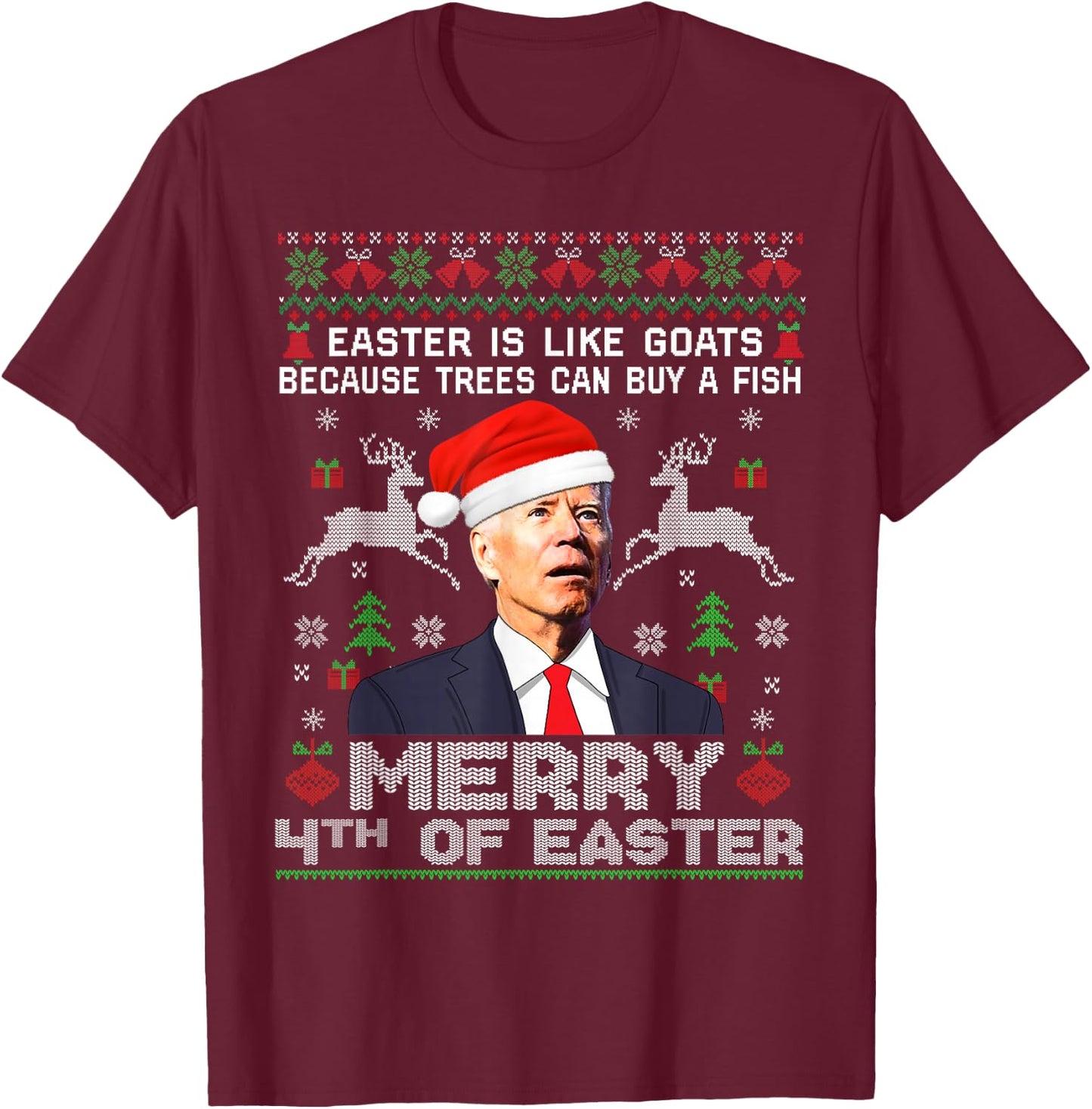 Merry 4th of Easter Funny Biden Ugly Christmas Sweater Men T-Shirt - T-Shirt | Maroon