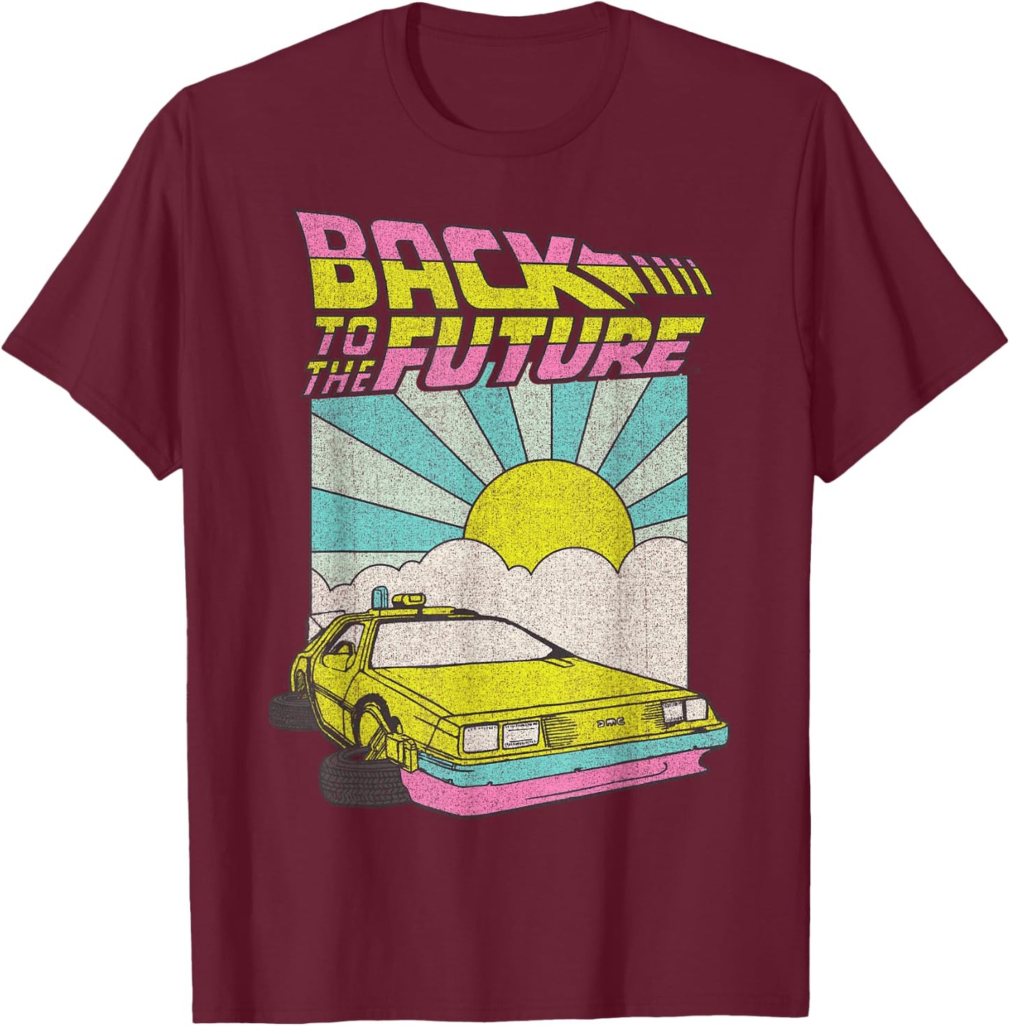 Back to The Future Delorean Sunrise Cartoon Small T-Shirt - T-Shirt | Maroon