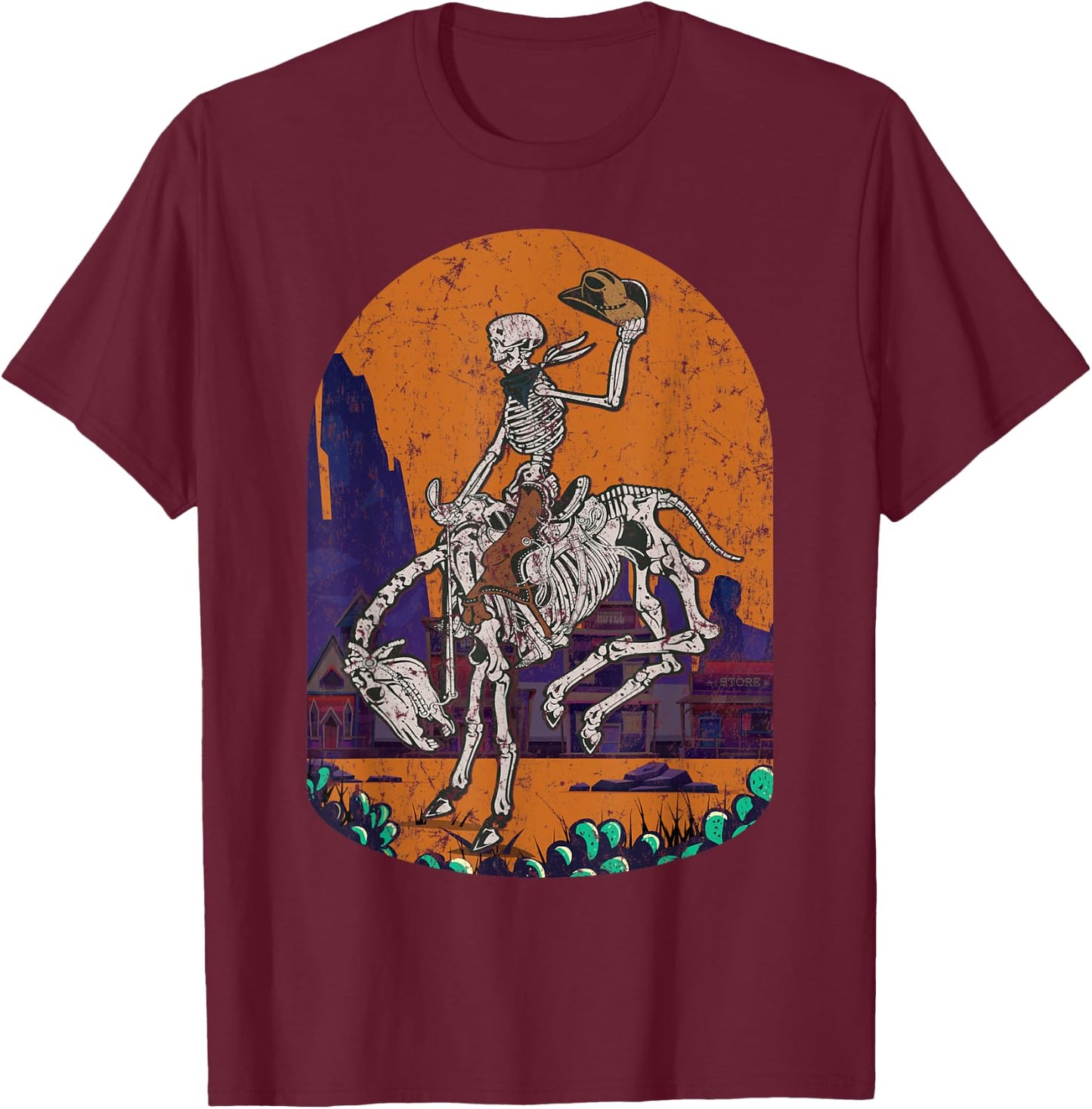 Western Country Cowgirl Cowboy Skeleton Halloween Spooky T-Shirt - T-Shirt | Maroon