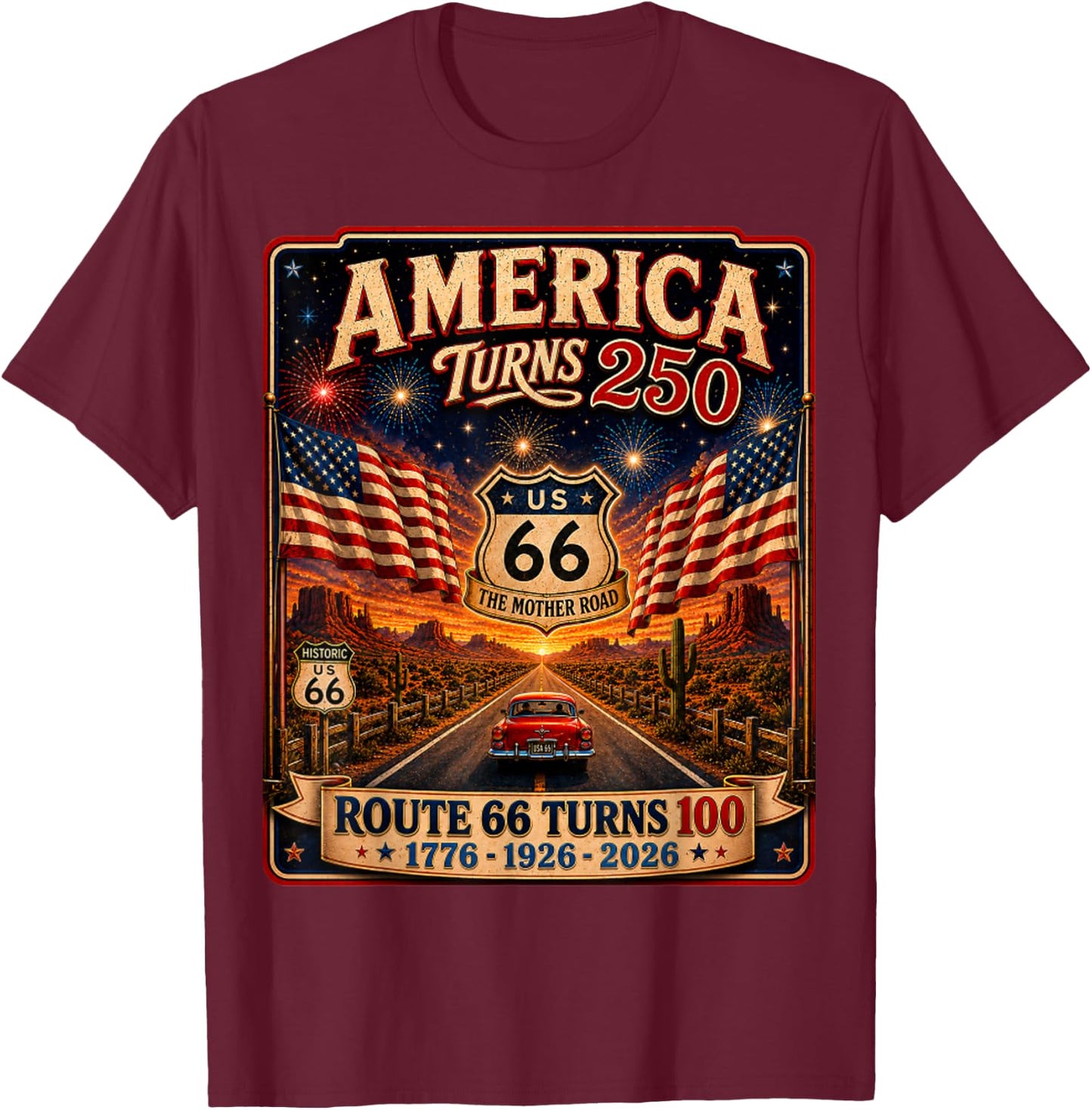 Vintage USA 250 US Highway 66 Road Anniversary T-Shirt - T-Shirt | Maroon