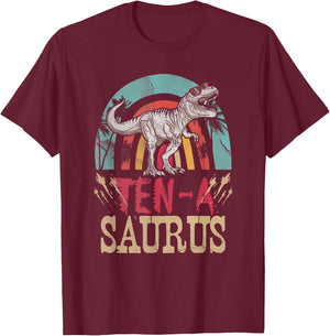 Kid 10 Year Old Dinosaur Birthday 10th T Rex Dino Ten Saurus T-Shirt - T-Shirt | Maroon