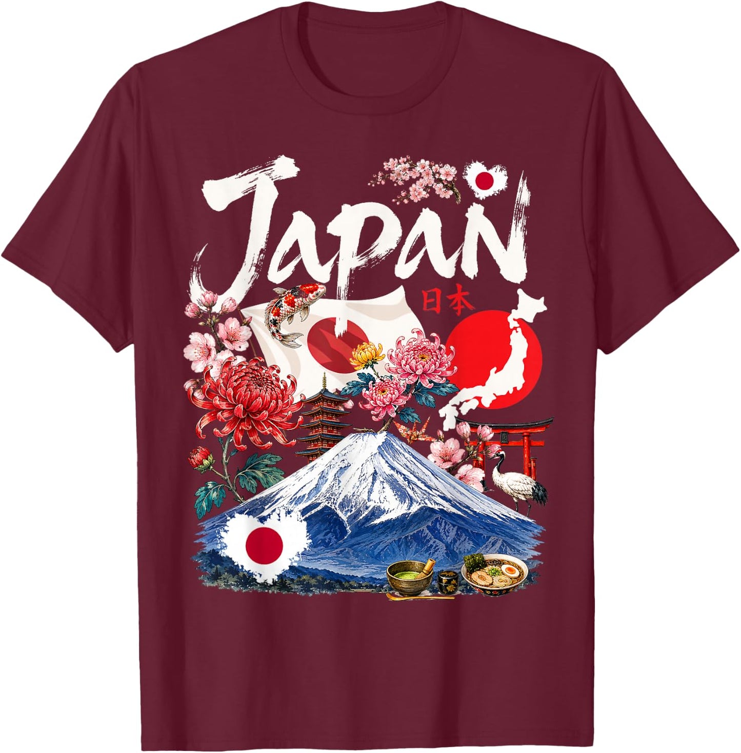 Japanese Flag Outfit Idea & Japan Sakura Themed T-Shirt - T-Shirt | Maroon