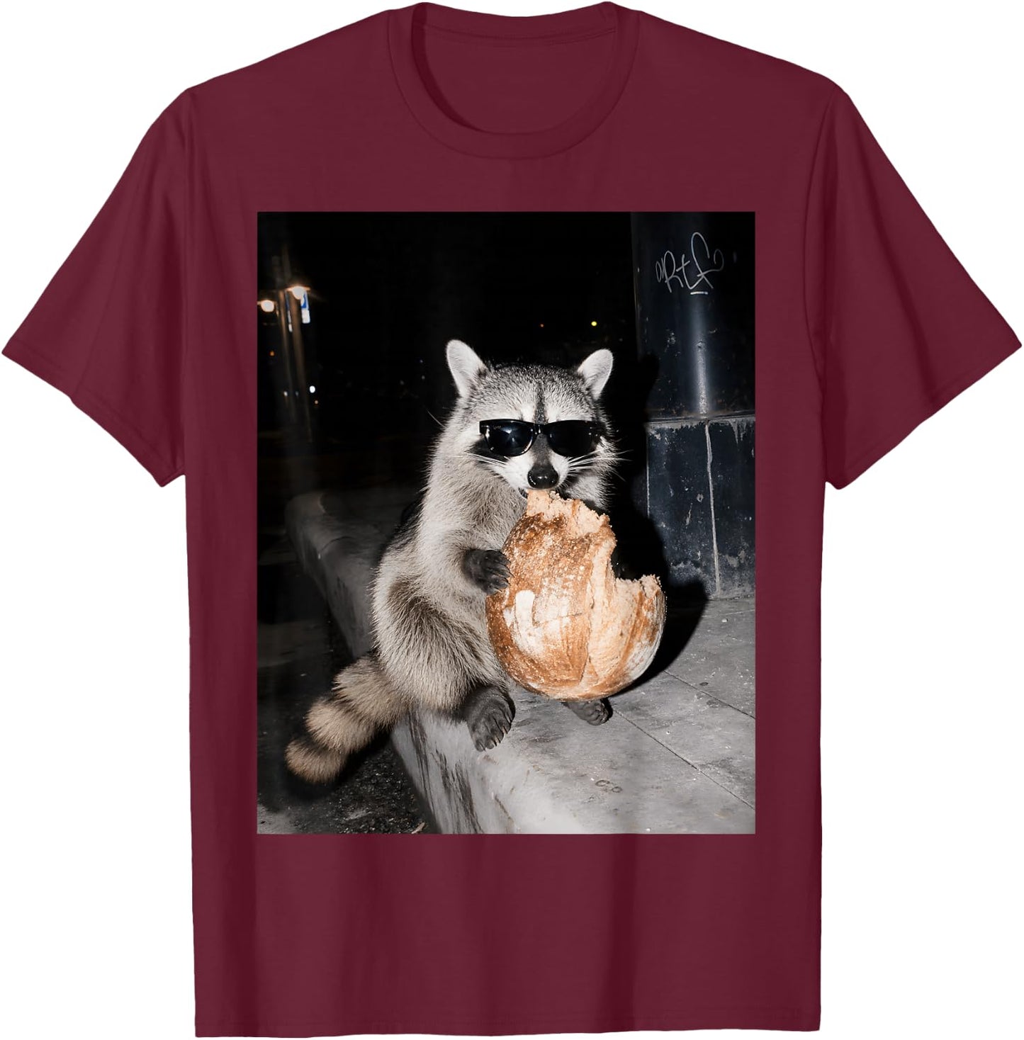 Funny Raccoon Eating Sourdough Bread On The Street Baking T-Shirt - T-Shirt | Maroon