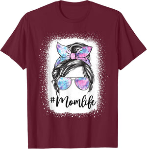 Mom Life Messy Hair Bun Tie Dye Women Mother's Day Funny T-Shirt - T-Shirt | Maroon