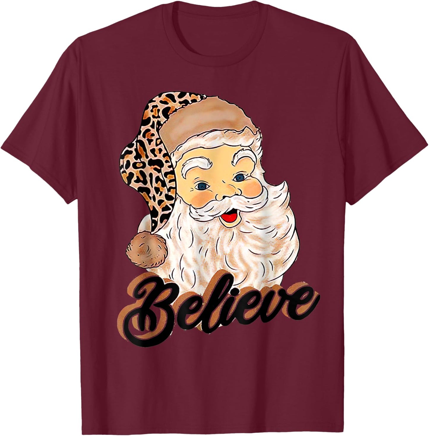 Vintage Christmas Retro Holiday Cheetah Santa Leopard Hat T-Shirt - T-Shirt | Maroon