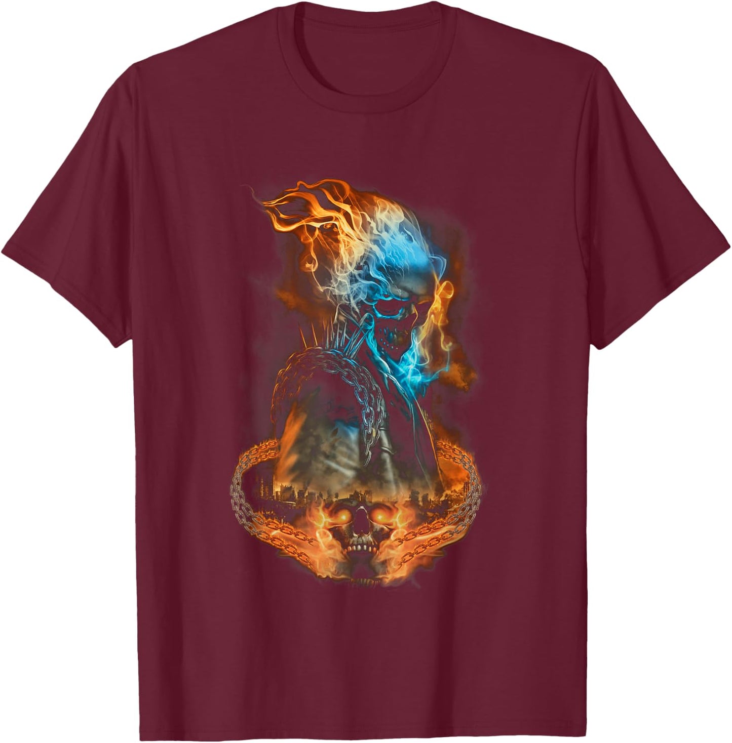 Marvel Ghost Rider Flaming Chains City Portrait Small T-Shirt - T-Shirt | Maroon