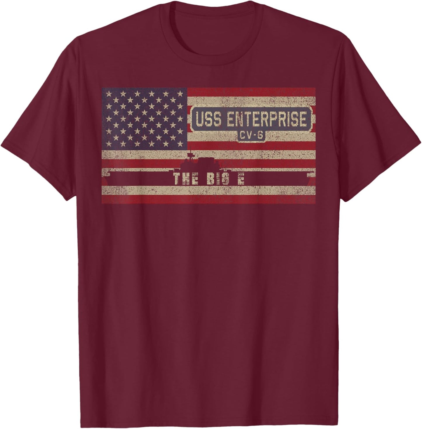 USS Enterprise CV-6 WW2 Aircraft Carrier USA American Flag T-Shirt - T-Shirt | Maroon
