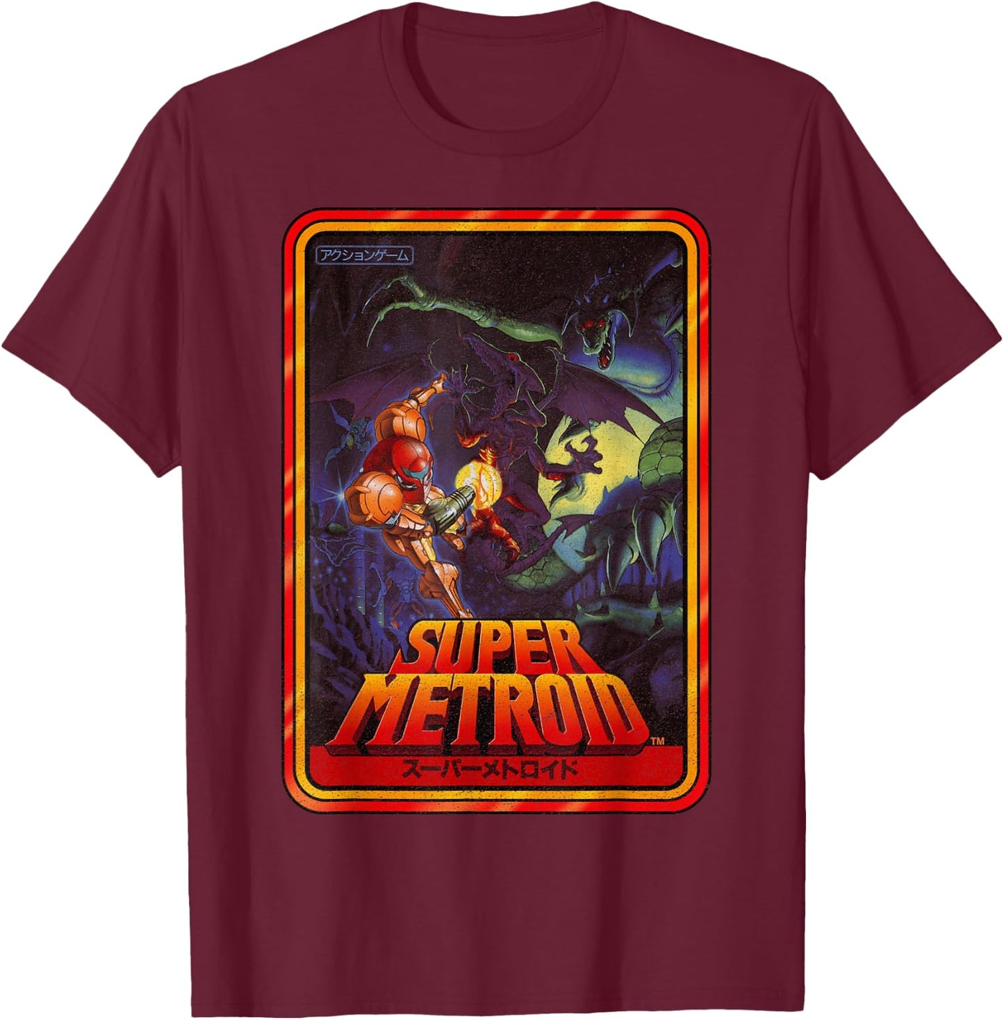 Nintendo Super Metroid Kanji Poster Style Graphic T-Shirt - T-Shirt | Maroon