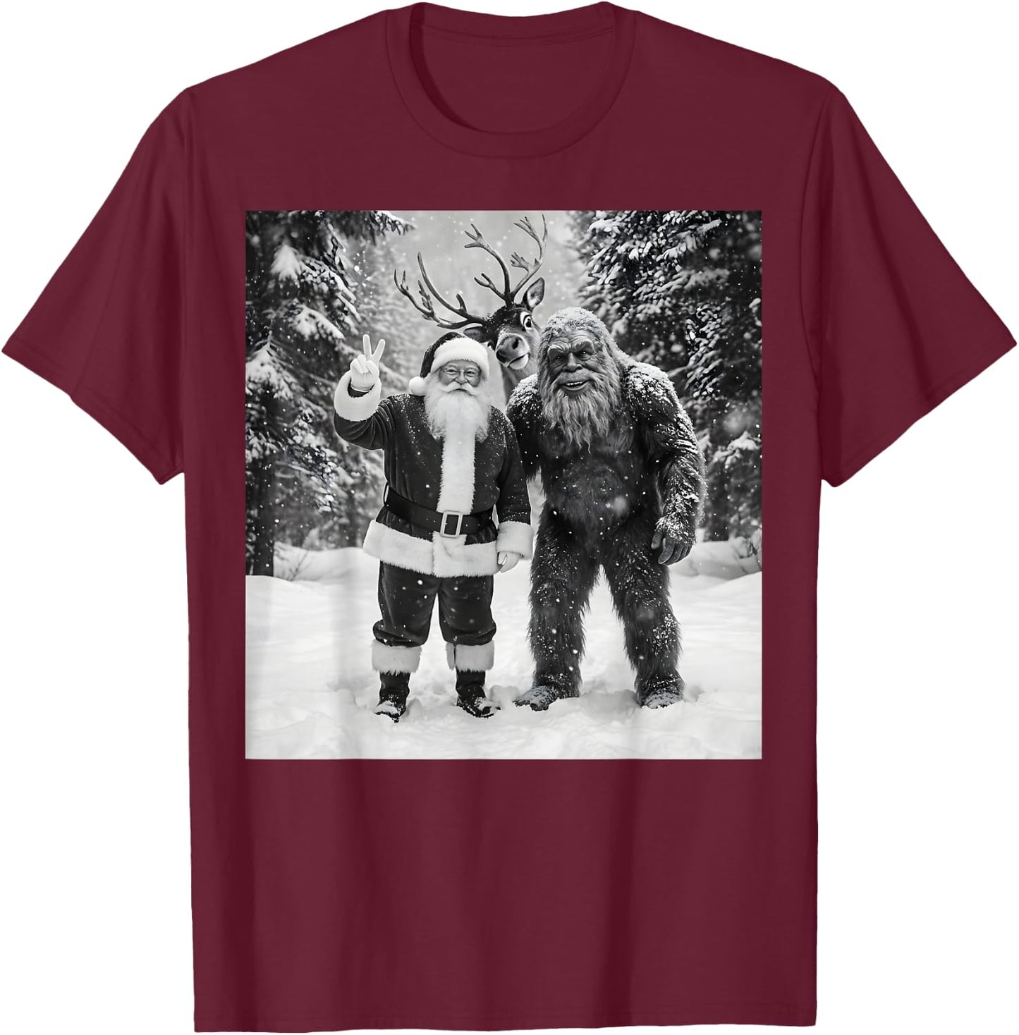 Vintage Bigfoot Santa Claus Selfie Christmas T-Shirt - T-Shirt | Maroon