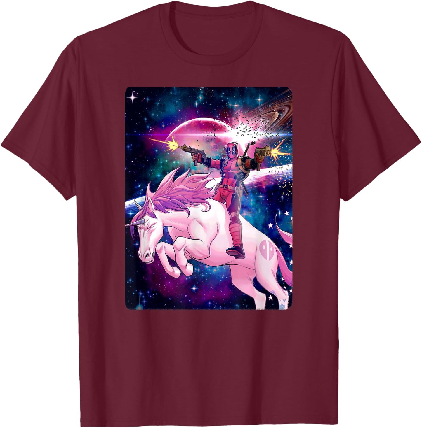 Marvel Deadpool in Space Unicorn Saddles Ablaze T-Shirt - T-Shirt | Maroon