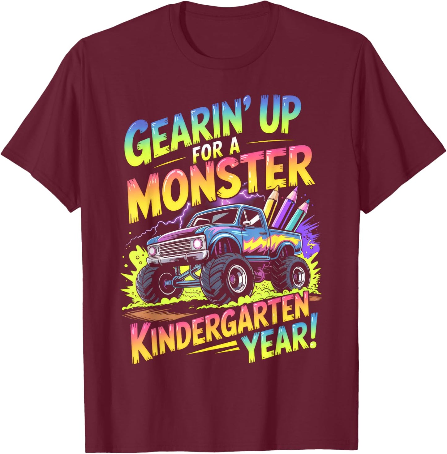 Back to School Kindergarten Monster Truck First Day Boys T-Shirt - T-Shirt | Maroon