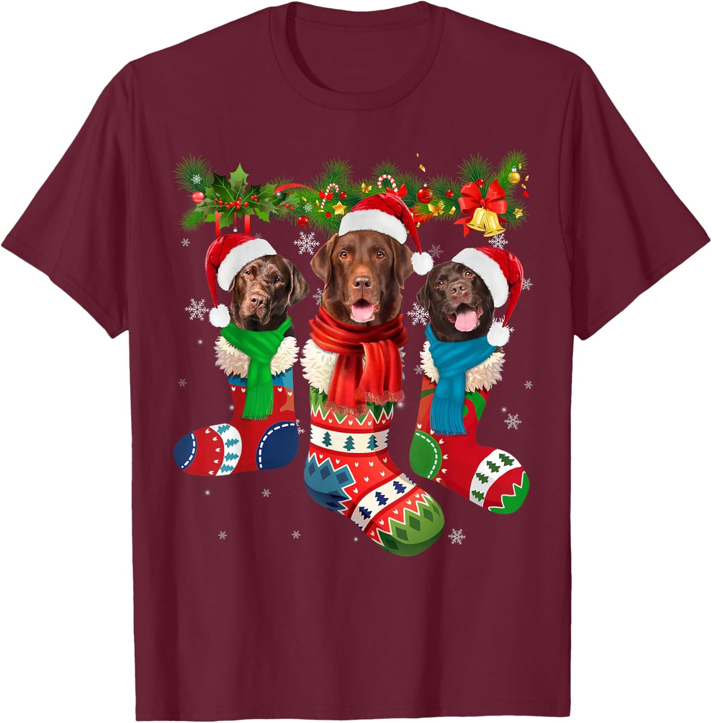 Chocolate Lab In Christmas Socks T-Shirt - T-Shirt | Maroon