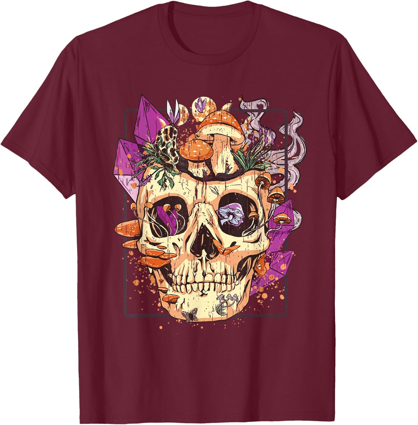 Goblincore Aesthetic. Grunge Moon Crystals Mushrooms Skull T-Shirt - T-Shirt | Maroon