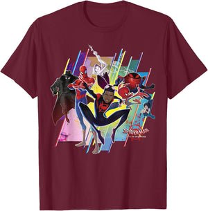 Marvel Spider-Man Spiderverse Colorful Group Graphic T-Shirt - T-Shirt | Maroon