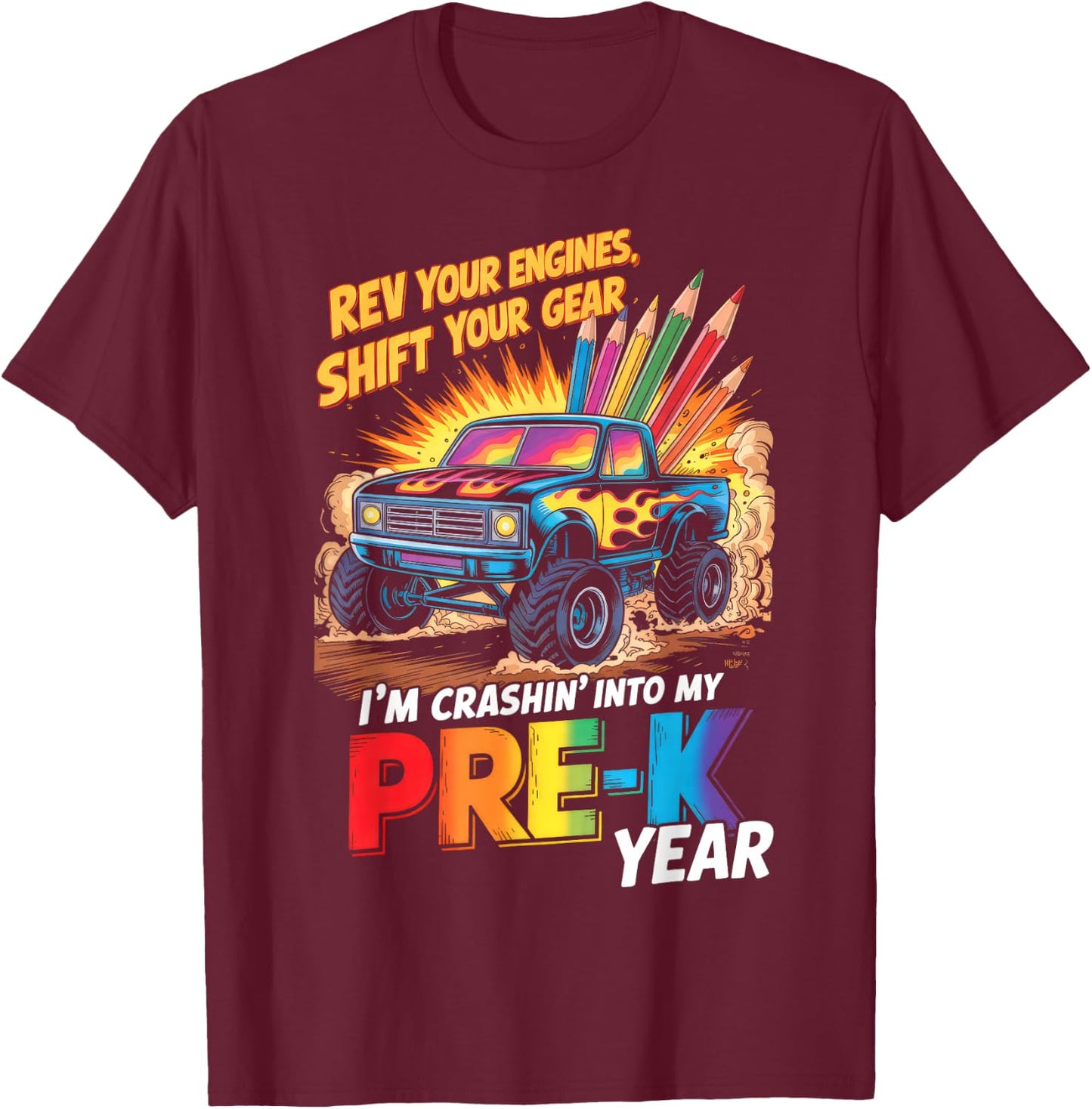 Back to School Pre-K Preschool Monster Truck First Day Boys T-Shirt - T-Shirt | Maroon