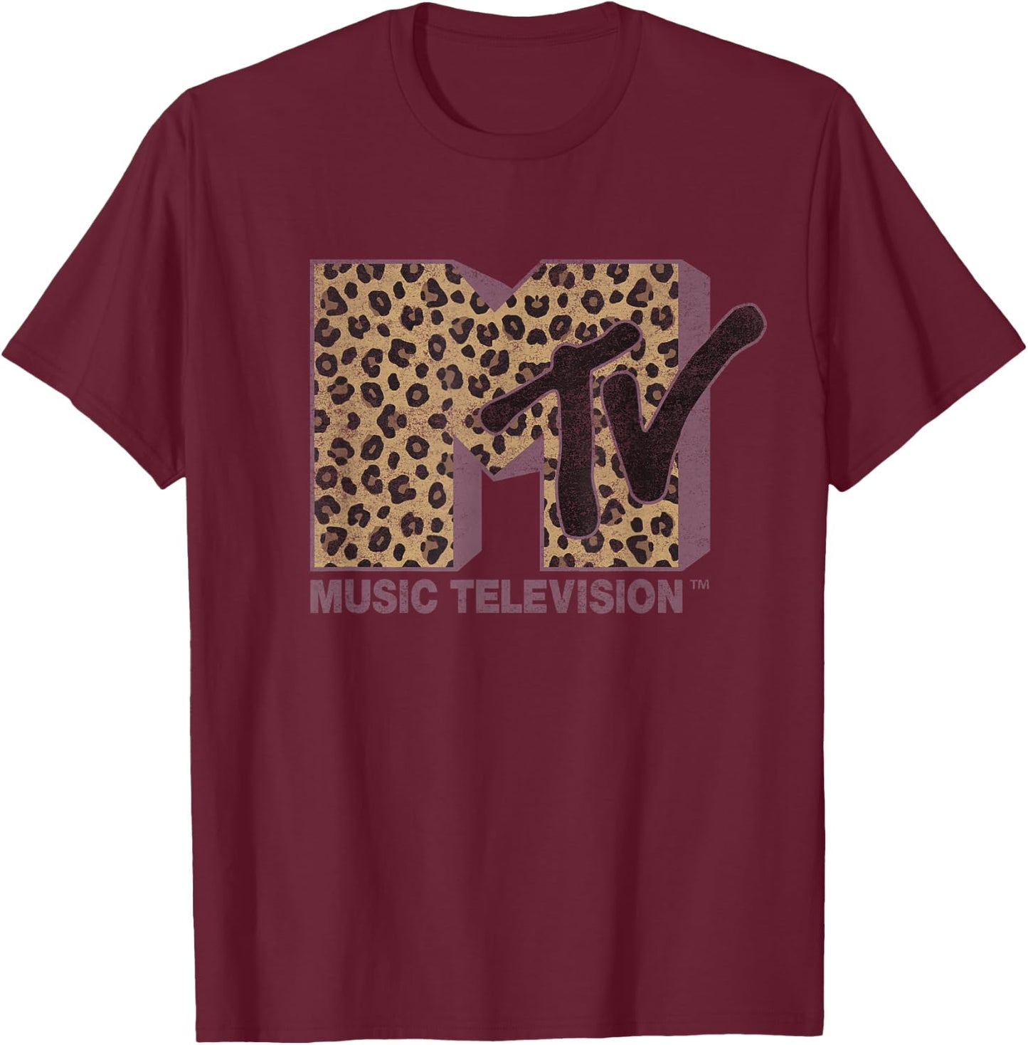 MTV Classic Leopard Print Bold Logo Small T-Shirt - T-Shirt | Maroon