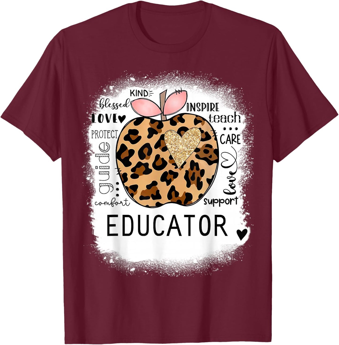 Bleached Educator, Leopard Apple, Inspire Teach, Blessed T-Shirt - T-Shirt | Maroon