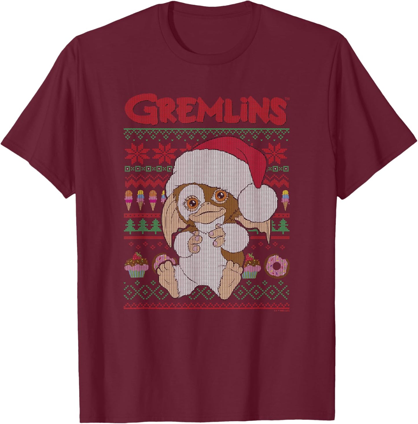 Gremlins Holiday Sweater Pattern Logo T-Shirt - T-Shirt | Maroon