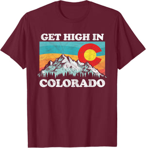 Get High in Colorado Retro State Flag Mountains Graphic T-Shirt - T-Shirt | Maroon