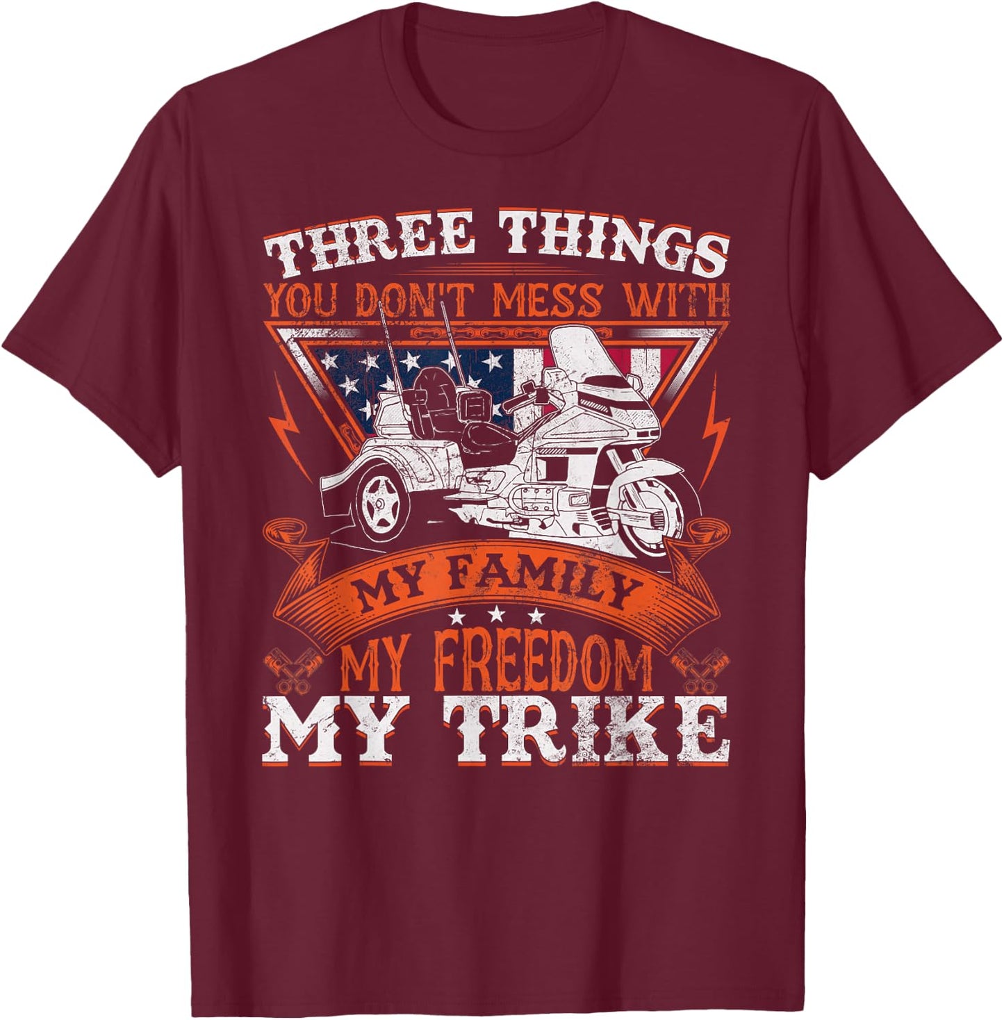 Motorcycle Trike Three Wheels American Flag Biker Rules Men T-Shirt - T-Shirt | Maroon