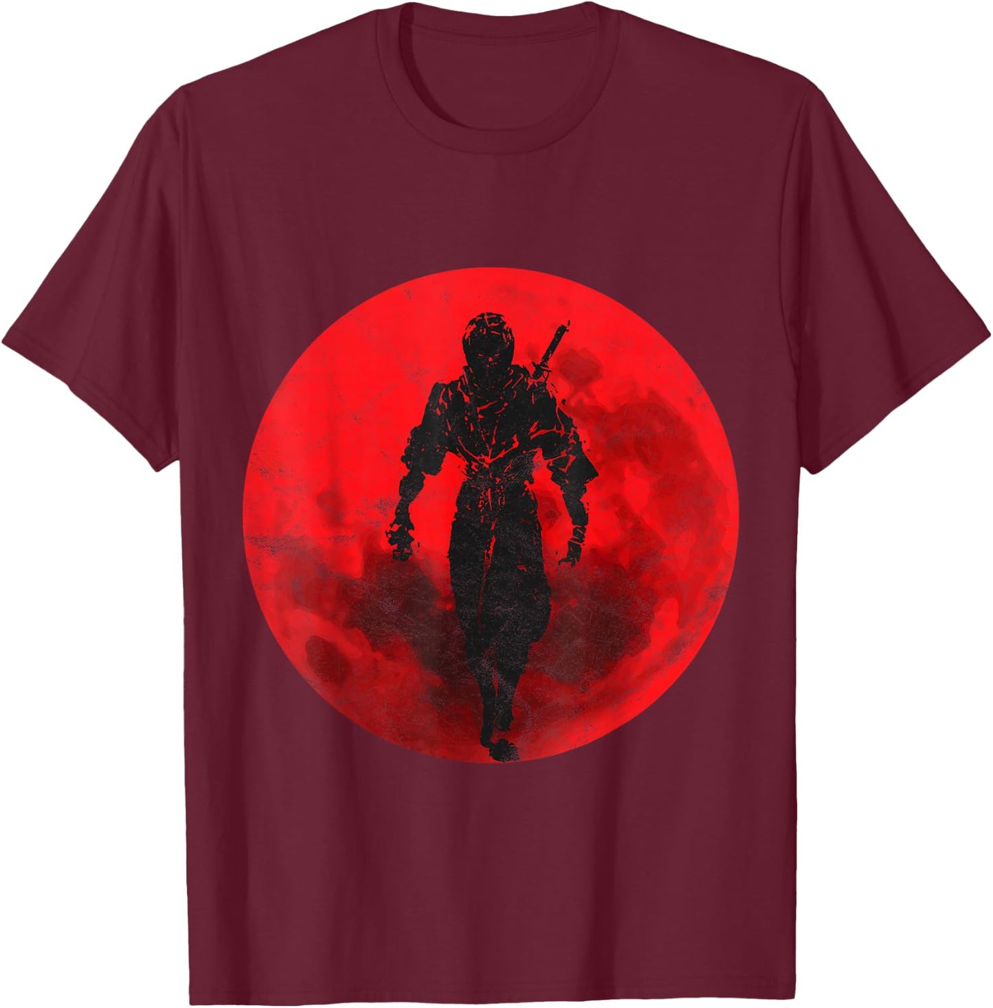 Ninja Figher Red Moon Japan Sword Samurai Warrior T-Shirt - T-Shirt | Maroon