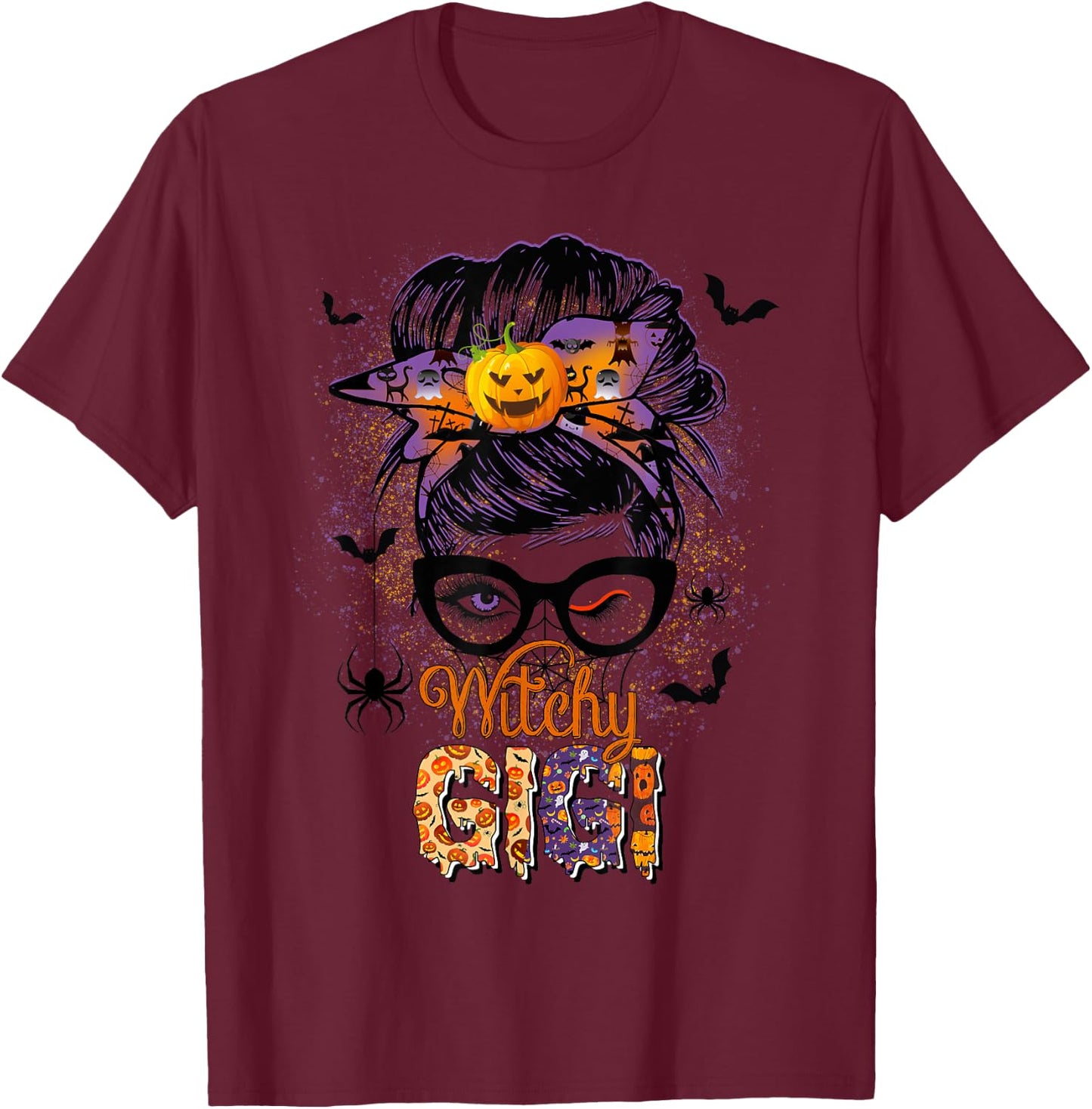 Witchy Gigi Messy Bun Spooky Witch Pumpkin Halloween T-Shirt - T-Shirt | Maroon