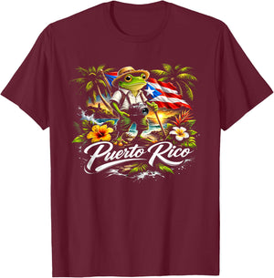 Puerto Rico Flag El Coqui National Symbol Caribbean Style T-Shirt - T-Shirt | Maroon