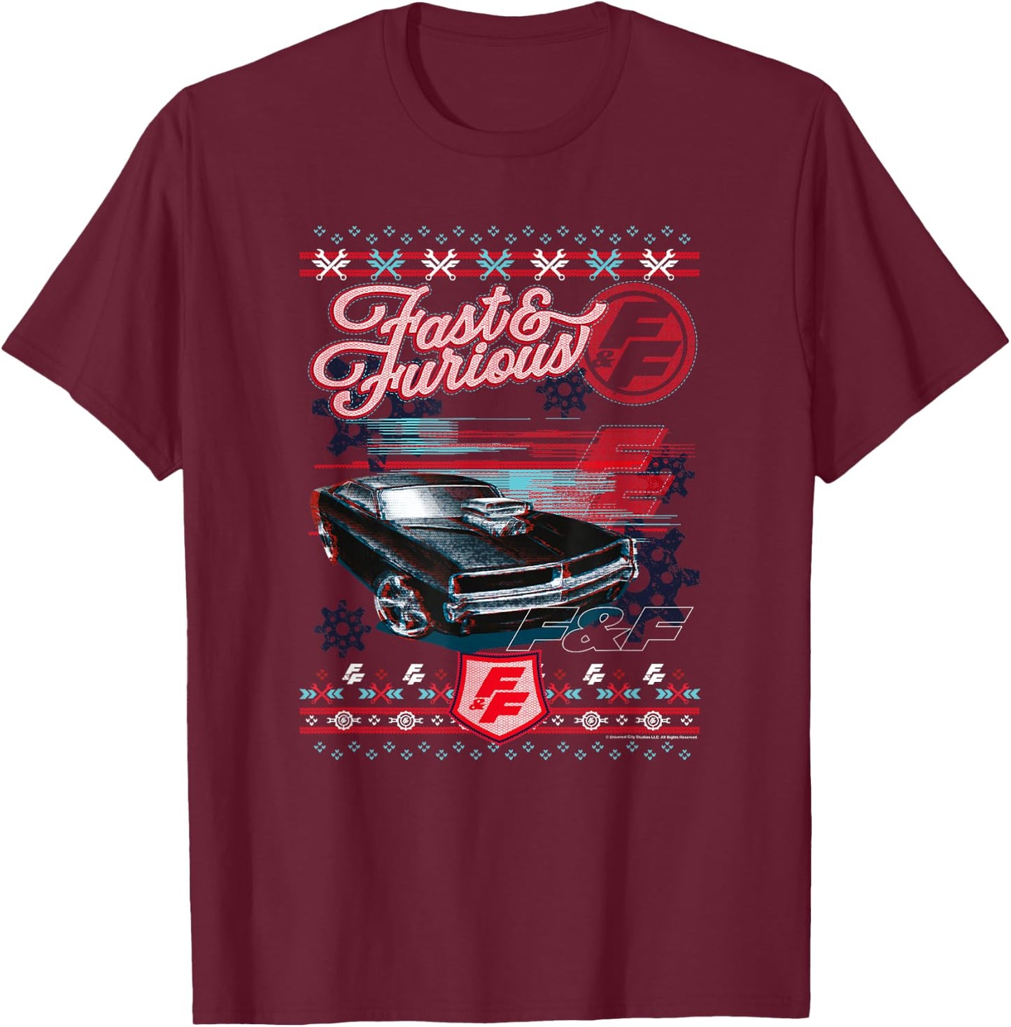 Fast & Furious Ugly Christmas Sweater Car Logo T-Shirt - T-Shirt | Maroon
