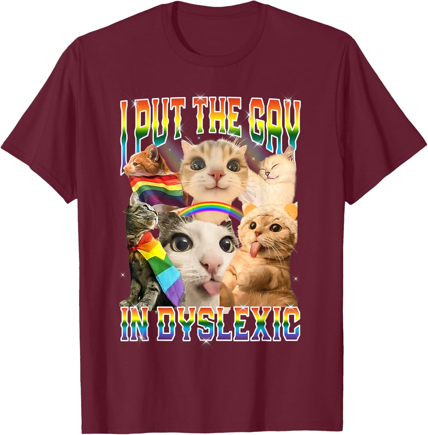 I Put The Gay in Dyslexic Funny Cat Meme Bootleg T-Shirt - T-Shirt | Maroon